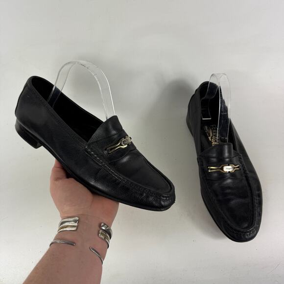 Salvatore Ferragamo Casual Shoes Men's 9 Black Leather Slip-On Low Top Loafers